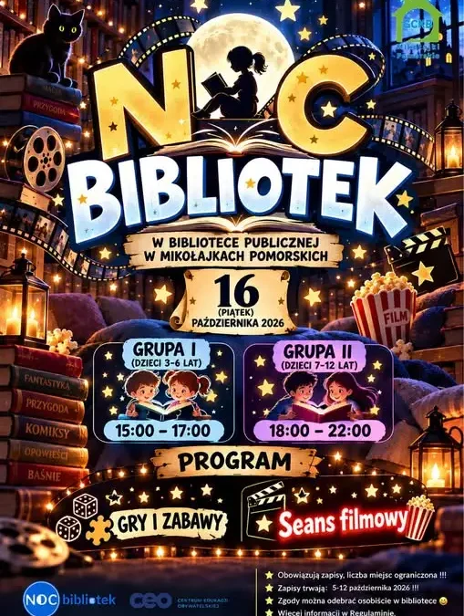 Noc Bibliotek w Mikołajkach Pomorskich – zapisy trwają