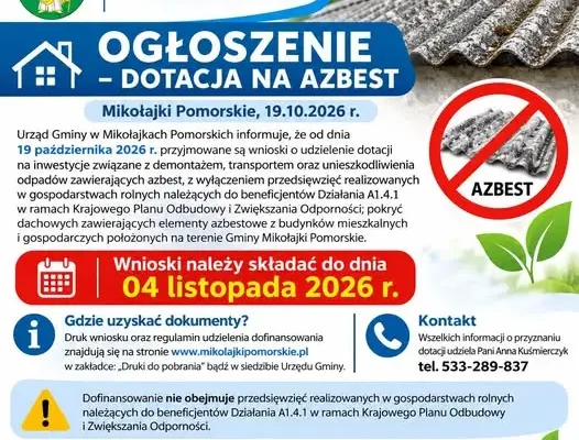 Gmina Mikołajki Pomorskie: ruszył nabór wniosków na dotację na usuwanie azbestu