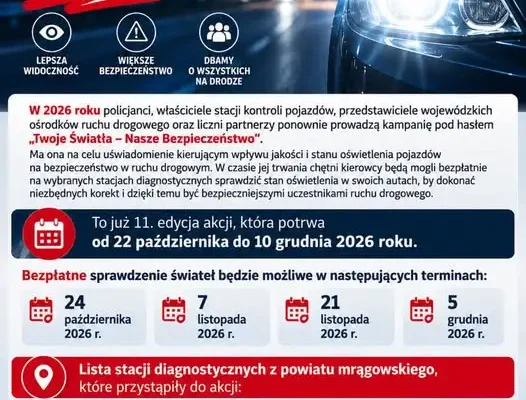 Mrągowo: bezpłatne sprawdzenie świateł w ramach 11. edycji kampanii „Twoje Światła – Nasze Bezpieczeństwo”