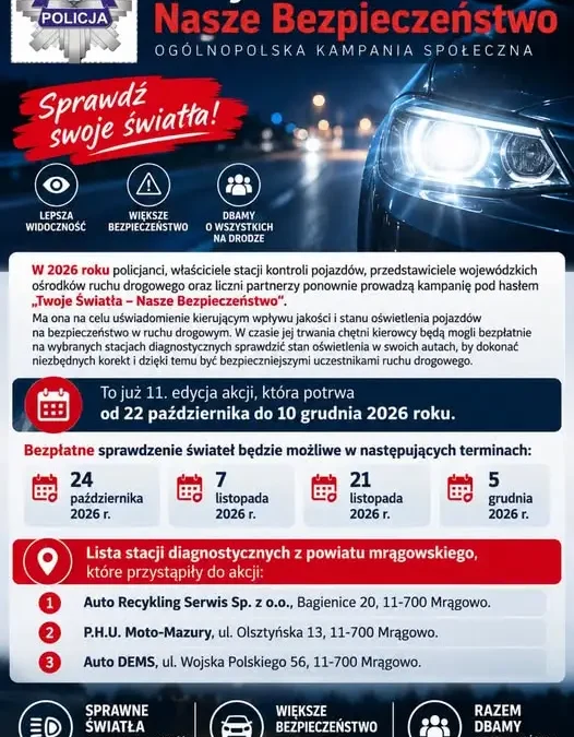 Mrągowo: bezpłatne sprawdzenie świateł w ramach 11. edycji kampanii „Twoje Światła – Nasze Bezpieczeństwo”