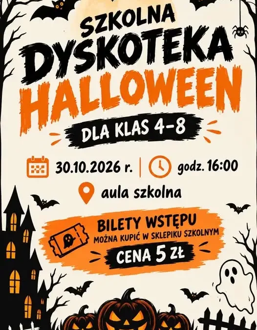 Halloweenowa dyskoteka w szkole w Mikołajkach – zaproszenie dla klas 4-8