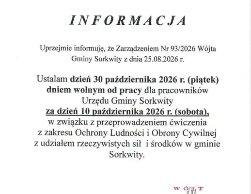 Urząd Gminy Sorkwity nieczynny 30 października
